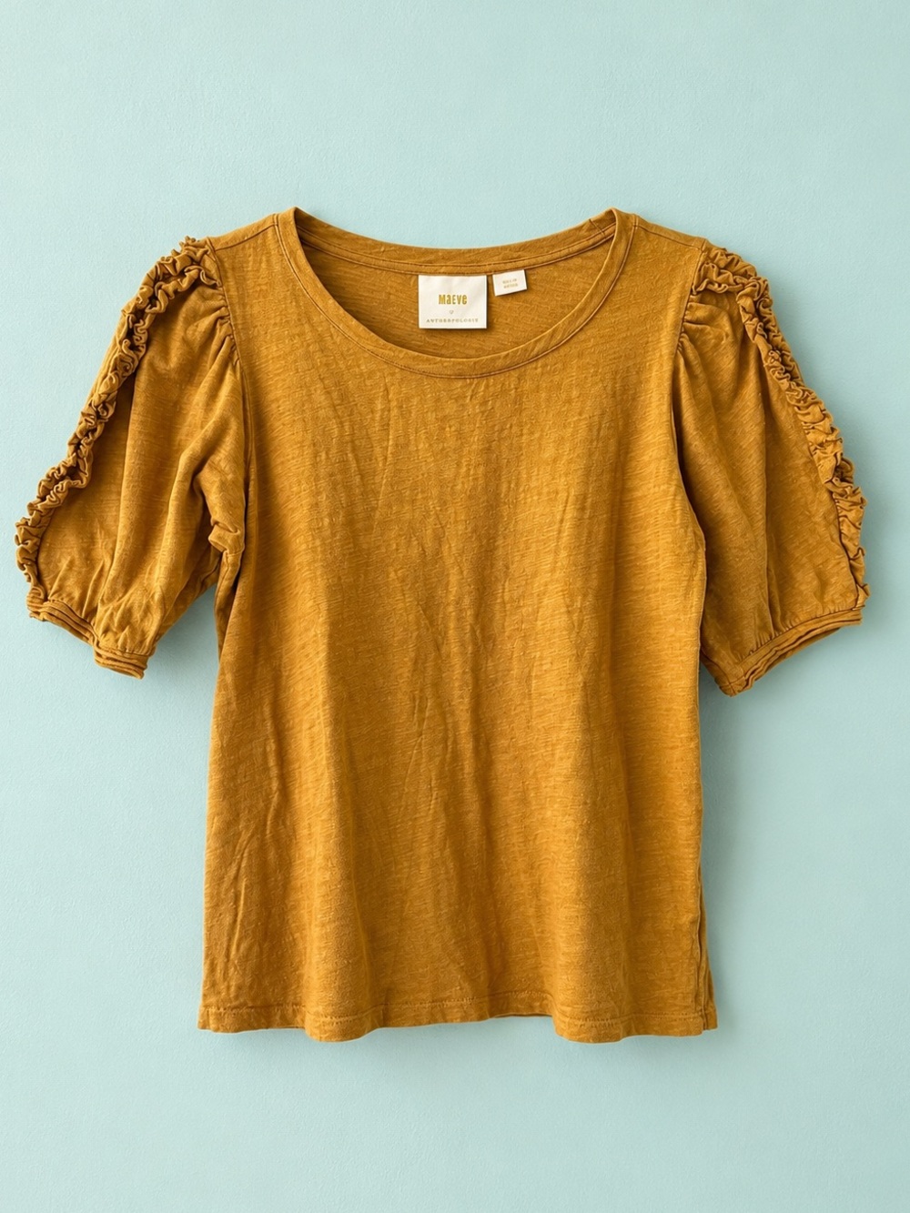 Anthropologie Maeve Clemence Ruffled Sleeve Distressed Mustard Gold Size S